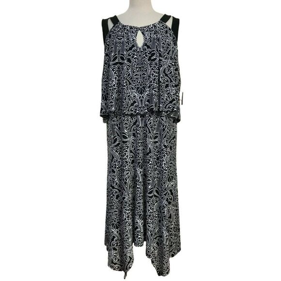 Rafaella Abstract Floral Flowy Dress 3X Black White Pullover Longer Sides NEW - Picture 2 of 8